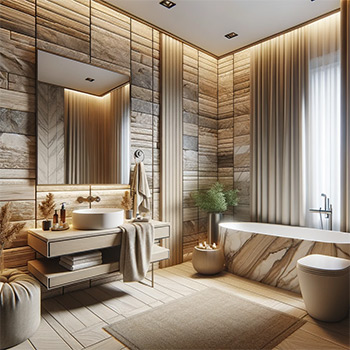 Photo of a luxurious bathroom featuring WPC wall panels with a stone texture
