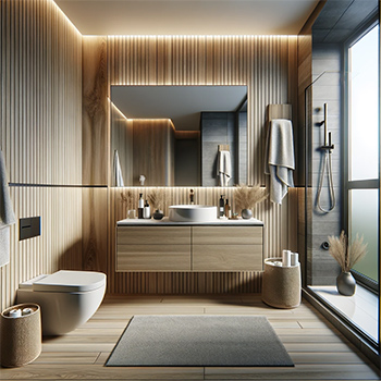 Photo of a modern bathroom showcasing WPC wall panels with a wood-like finish