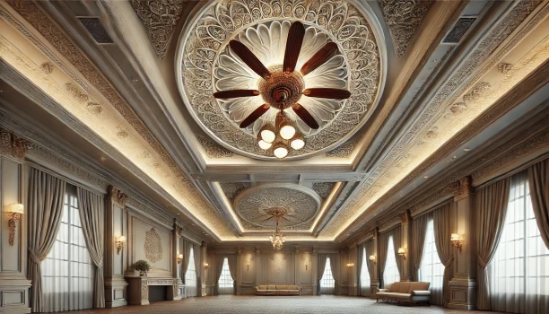 false ceiling designs, hall ceiling ideas, minimalist ceiling, dual fan ceiling, WPC ceiling, L-shaped hall design